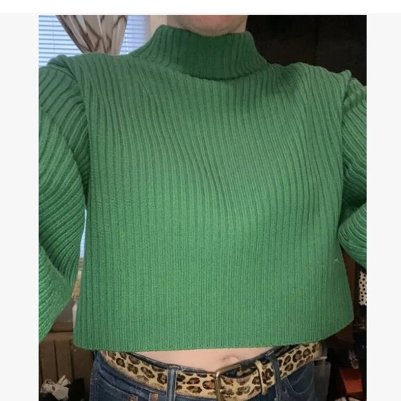 TIBI Sweater Green Wool Rib Cropped Pullover Mock Turtleneck XS - Picture 10 of 15